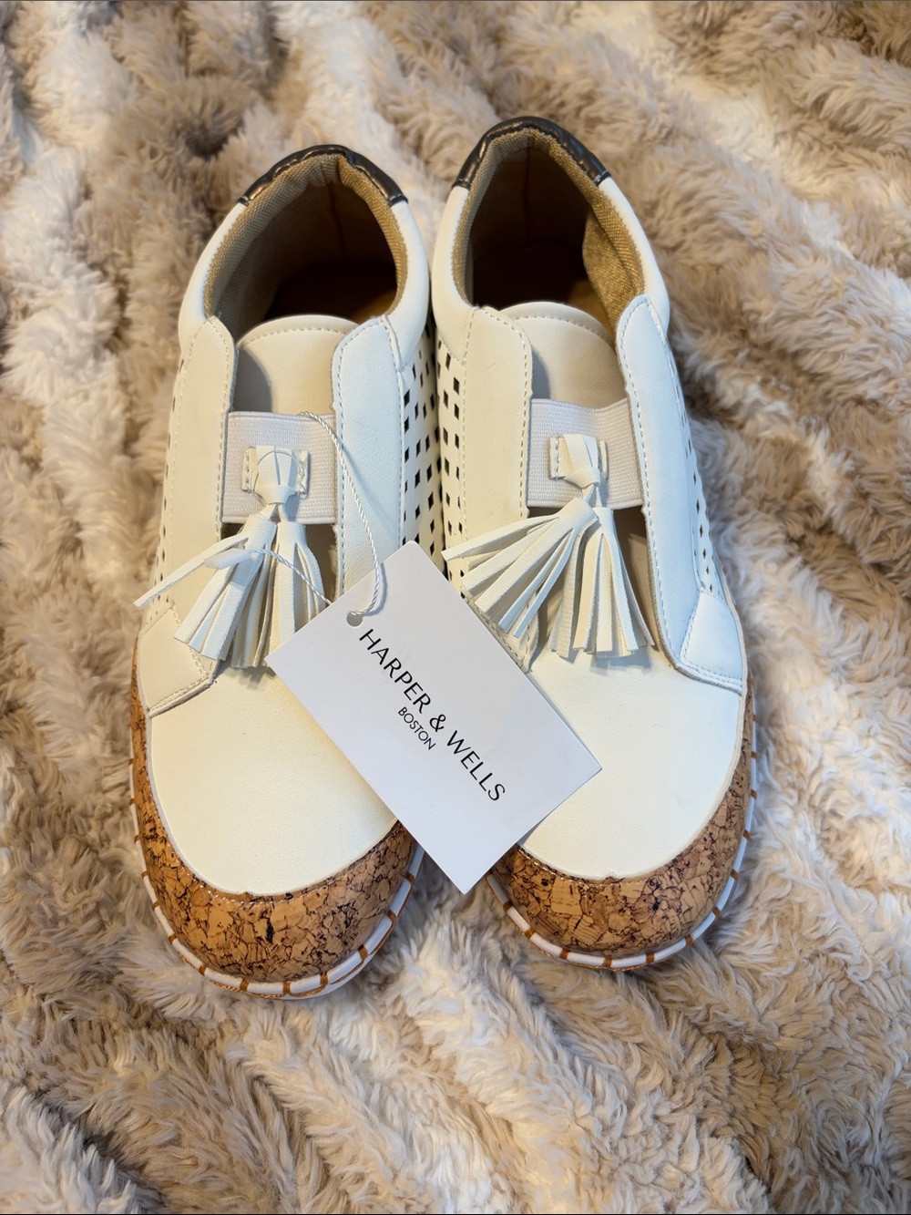 White Tassel Slip-On Flats with Cork Trim